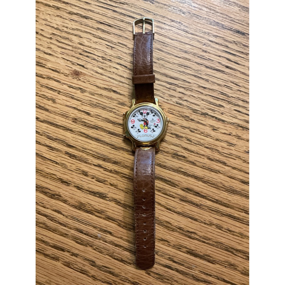 Lorus Mickey Mouse Musical Watch Gold Tone Vintage Disney Brown Leather RWC002